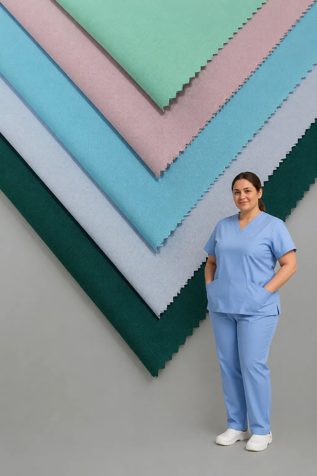 Palette of medical uniform fabrics in pastel tones beside a nurse