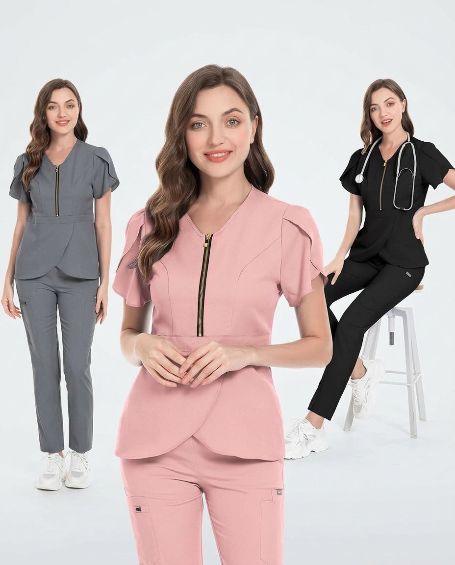 Three medical professionals in premium uniforms in grey, pink and black
